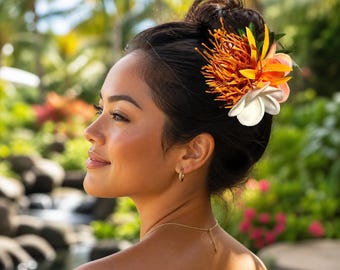Orange Protea & Plumeria Blume Hawaiianische Hula Hochzeit Haarspange Haarteil