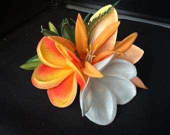 Echte Gelb-Orange weiße Plumeria & Orange Orchidee Haarspange Hula Tahitian Hochzeit Haarteil