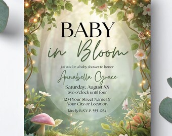faire-part bébé en fleurs | Faire-part de fête de naissance de jardin enchanté | Modèle modifiable