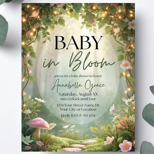 Baby in Bloom Invitation | Enchanted Garden Baby Shower Invite | Editable Template