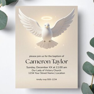 May include: Baptism invitation featuring a white dove with outstretched wings, a golden halo, and the text "please join us for the baptism of Cameron Taylor." The invitation includes the date, time, church name, address, and RSVP information.
