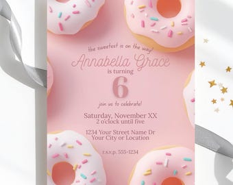 Donuts Party Invitation | Pink Frosted Donut with Sprinkles Printable Invite for Birthday