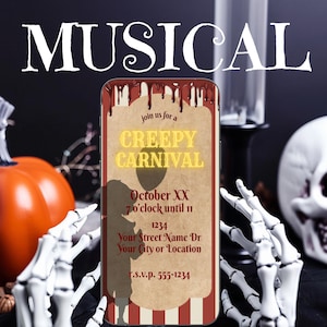 Creepy Carnival Halloween Invitation, Animated Clown & Balloon, Mobile Digital MP4 Party Invite