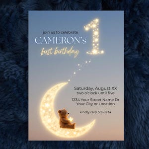 Celestial First Birthday Invitation | Teddy Bear Plush on the Moon Baby 1st Bday Printable Invite