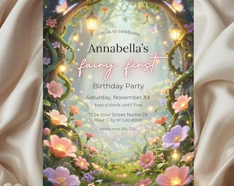 Invitación de jardín encantado / Invitación de primer cumpleaños con hada floral / Plantilla de Canva para primer cumpleaños