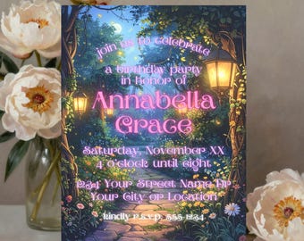 Invitación de cumpleaños con temática de jardín encantado / Sendero mágico / Plantilla editable de Canva para el primer cumpleaños