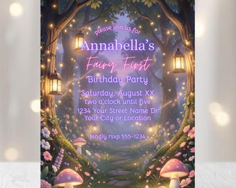Invitación para fiesta en el jardín encantado / Invitación imprimible para el primer cumpleaños de un hada / Plantilla editable para niña