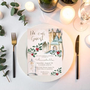 Invitación de La Bella y la Bestia / Invitación de primer cumpleaños con temática de cuento de hadas / Plantilla imprimible de Canva para castillo de princesa imagen 7