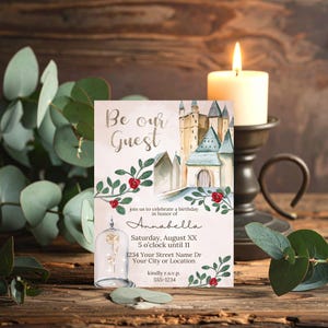 Invitación de La Bella y la Bestia / Invitación de primer cumpleaños con temática de cuento de hadas / Plantilla imprimible de Canva para castillo de princesa imagen 5