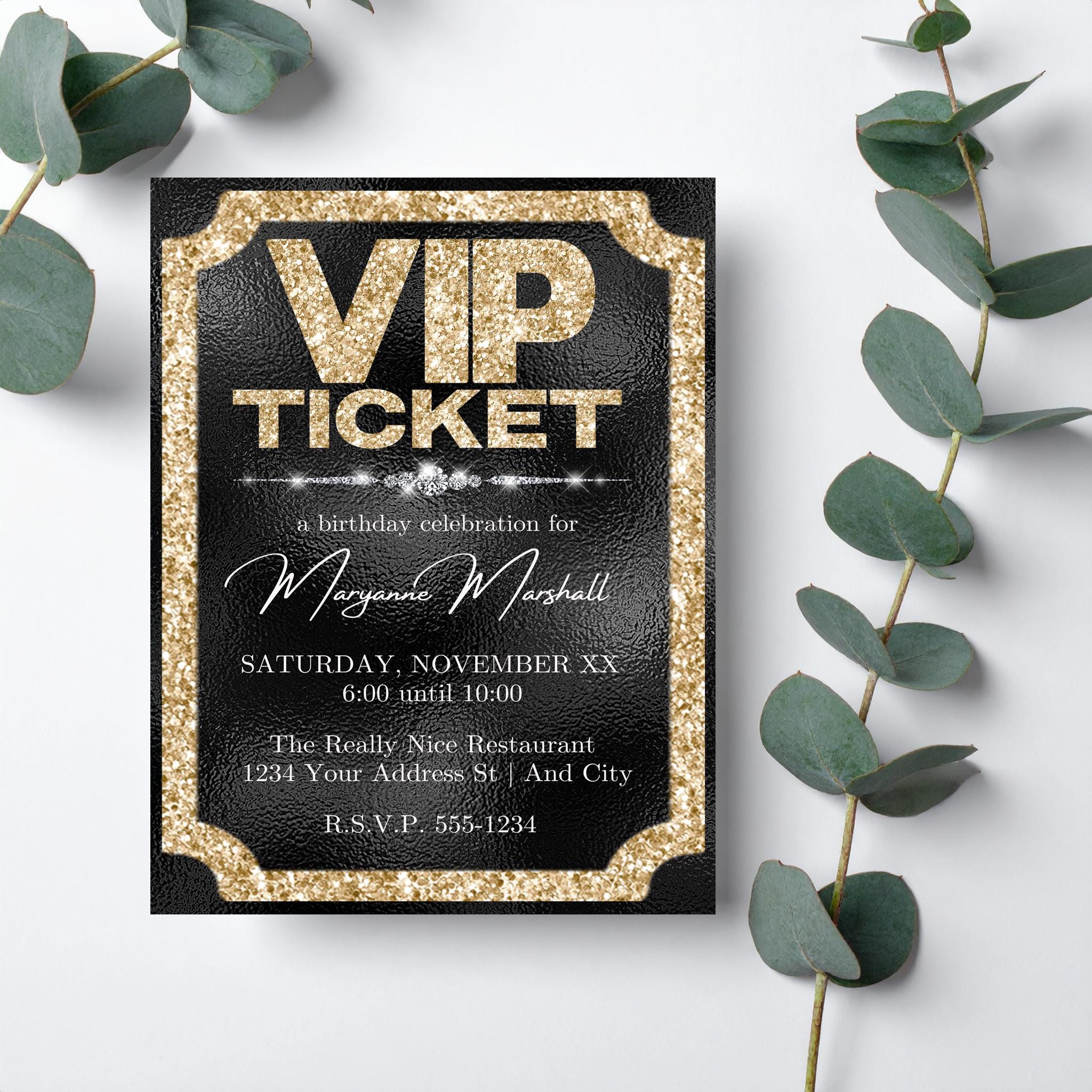Vip Event Invites VIP Ticket Party Invitation on Black With Gold Glitter and Diamonds ...