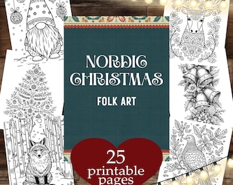 May include: A collection of 25 printable pages featuring Nordic Christmas folk art designs. The image includes a variety of black and white illustrations, including a gnome, a Christmas tree, a fox, a deer, bells, and a bird. The central design features the text "Nordic Christmas Folk Art".
