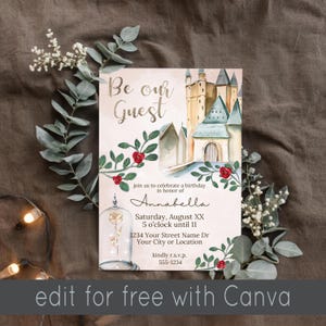 Invitación de La Bella y la Bestia / Invitación de primer cumpleaños con temática de cuento de hadas / Plantilla imprimible de Canva para castillo de princesa imagen 4