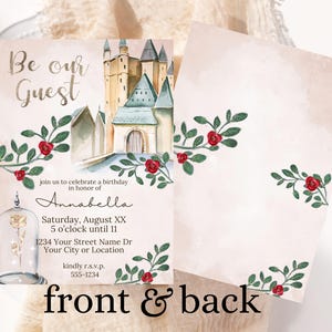 This fairytale invitation features matching front and back sides should you wish to print both. The background is a rustic looking parchment paper design with red roses growing from the sides.