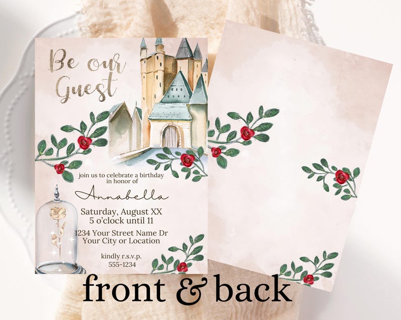 This fairytale invitation features matching front and back sides should you wish to print both. The background is a rustic looking parchment paper design with red roses growing from the sides.