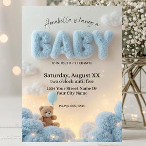 Teddybär-Babyparty-Einladung | Blau Ballon 3D Plüsch Printable einladen | Canva Vorlage
