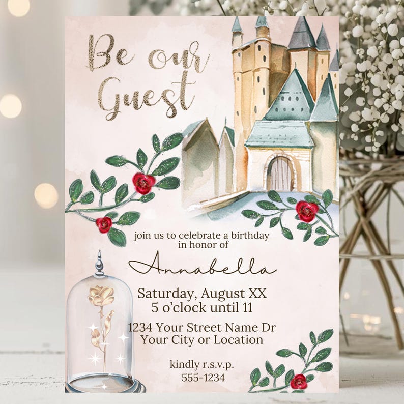 Invitación de La Bella y la Bestia / Invitación de primer cumpleaños con temática de cuento de hadas / Plantilla imprimible de Canva para castillo de princesa imagen 6