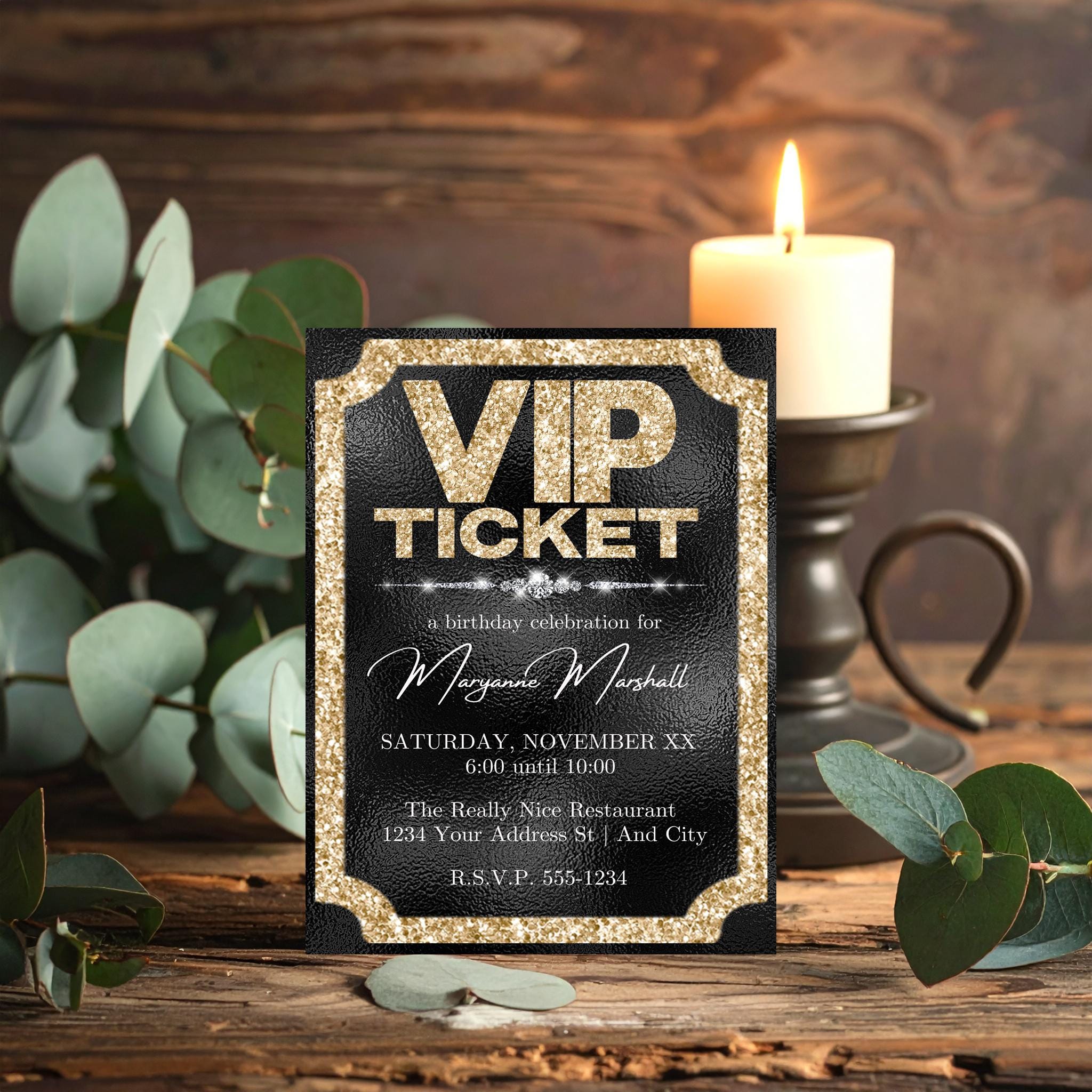 Vip Event Invites VIP Ticket Party Invitation on Black With Gold Glitter and Diamonds ...