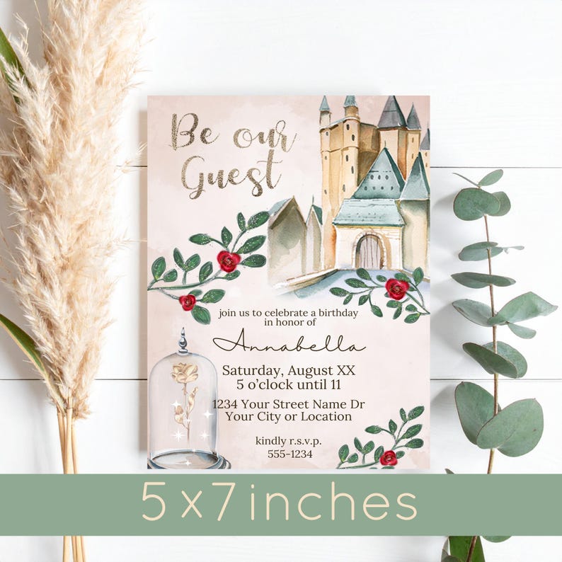Invitación de La Bella y la Bestia / Invitación de primer cumpleaños con temática de cuento de hadas / Plantilla imprimible de Canva para castillo de princesa imagen 2