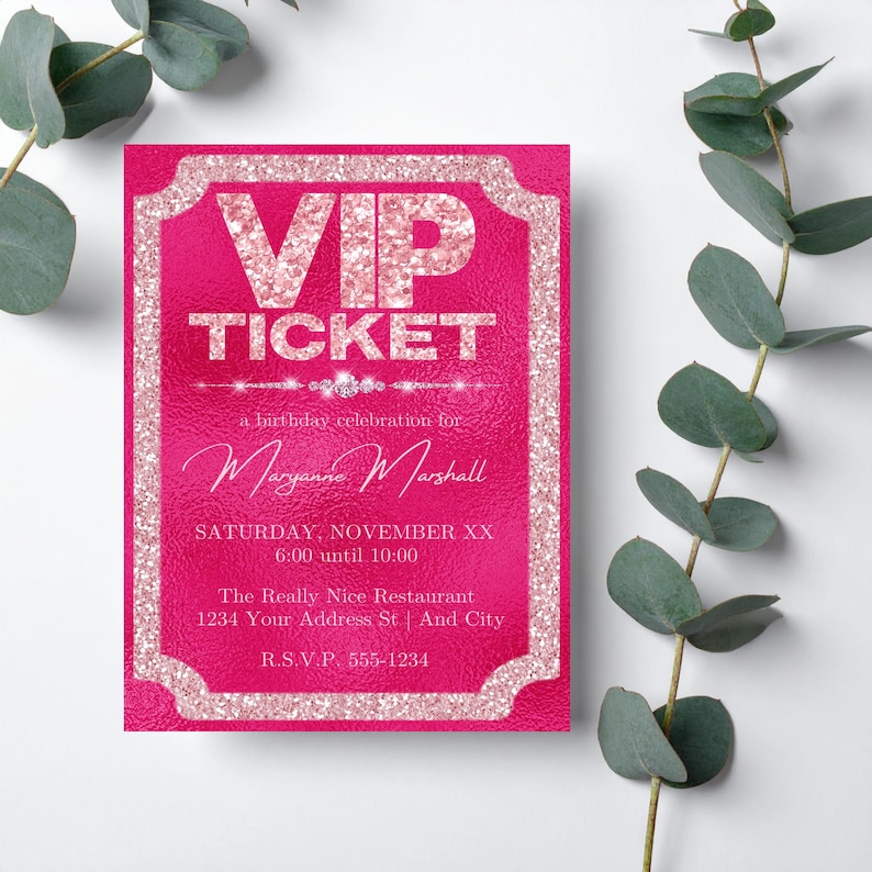VIP Ticket Party Invitation With Pink Glitter and Diamonds, Instant ...
