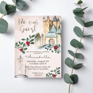 Invitación de La Bella y la Bestia / Invitación de primer cumpleaños con temática de cuento de hadas / Plantilla imprimible de Canva para castillo de princesa imagen 3