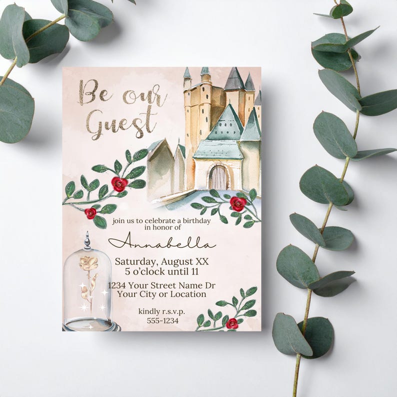 Invitación de La Bella y la Bestia / Invitación de primer cumpleaños con temática de cuento de hadas / Plantilla imprimible de Canva para castillo de princesa imagen 3