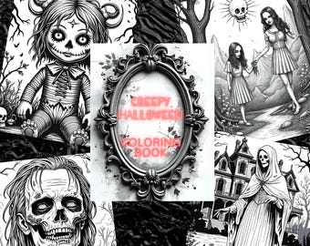 May include: A collection of black and white Halloween-themed illustrations, including a doll-like figure, a skull, and a skeletal figure in a hooded robe. The central image features an ornate frame with the text "Creepy Halloween Coloring Book."