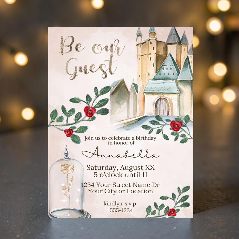 Invitación de La Bella y la Bestia / Invitación de primer cumpleaños con temática de cuento de hadas / Plantilla imprimible de Canva para castillo de princesa imagen 1