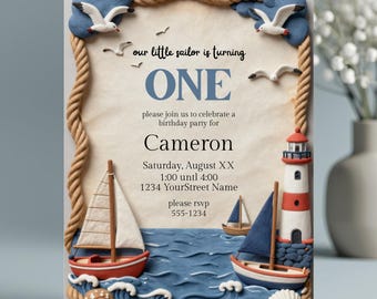 Invitación náutica para primer cumpleaños / Plantilla imprimible de Canva para primer cumpleaños de marinero con barquitos