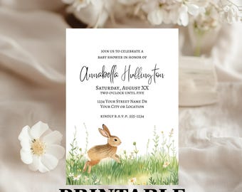 Uitnodiging babyshower aquarel konijn | Afdrukbare genderneutrale uitnodigingssjabloon