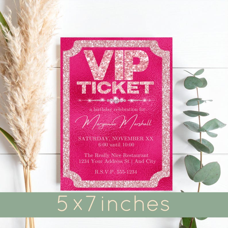 VIP Ticket Party Invitation With Pink Glitter and Diamonds, Instant ...