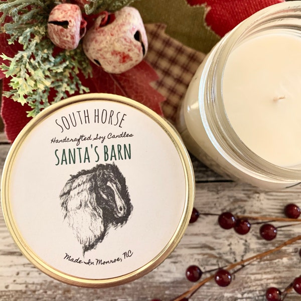 Santa’s Barn Candle - Spiced Christmas Tree Fireplace Candle, Horse Candle, Soy Wax, Mason Jar, Equestrian Gift, Farm House, South Horse