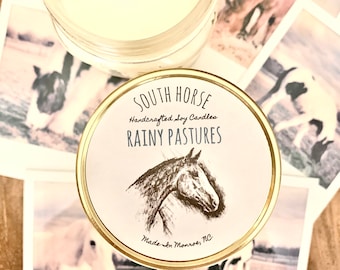 Rainy Pastures Candle - Fresh Floral Air Scent, Horse Candle, Equestrian Gifts, Soy Wax, Farmhouse Decor, Mason Jar, South Horse
