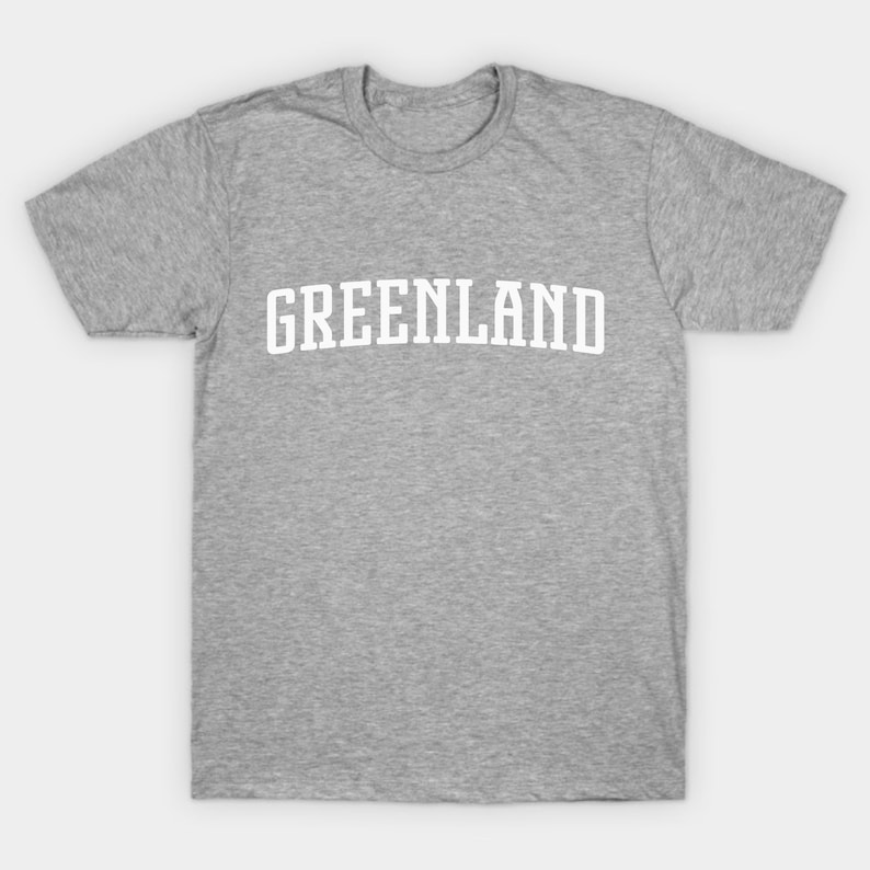 May include: A heather grey t-shirt with the word "GREENLAND" printed in white on the front.