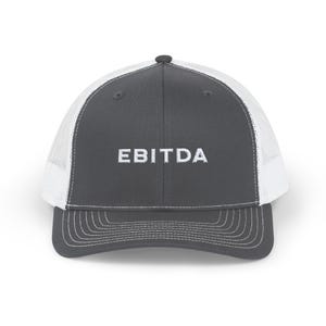 May include: A dark gray and white trucker hat with the word "EBITDA" embroidered in white on the front.