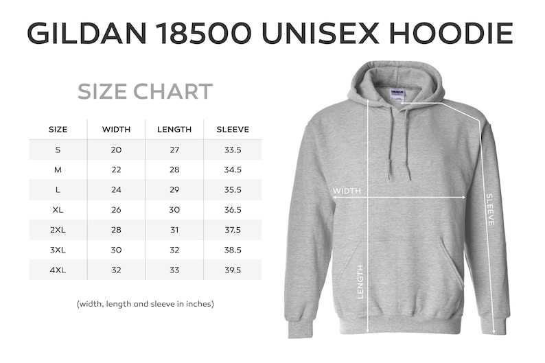 Peut inclure: Tableau des tailles pour un sweat &agrave; capuche unisexe Gildan 18500. Le tableau indique les mesures de la largeur, de la longueur et des manches en pouces pour les tailles S &agrave; 4XL.