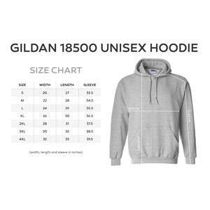 May include: Size chart for a Gildan 18500 unisex hoodie. The chart shows the width, length, and sleeve measurements in inches for sizes S through 4XL.