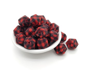 14mm Silicone Hexagon Printed Beads, Red & Black Buffalo plaid Silicone Hexagonal Beads, Hexagon Printed Pearls Wholesale