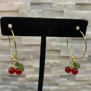 Minimalist Cherry Hoop Earrings • Gold Plated Hoops with Acrylic Cherry Charms • Fruit Jewelry for Everyday Style • Cute Minimalist Earrings