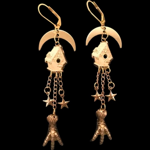 Baba Yaga Earrings | Brass Witch House Dangle Earrings | Gothic Folklore Jewelry | Statement Occult Earrings