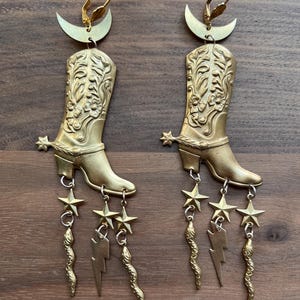 Brass Cowboy Boot Earrings: Texas Lonestar Dangles