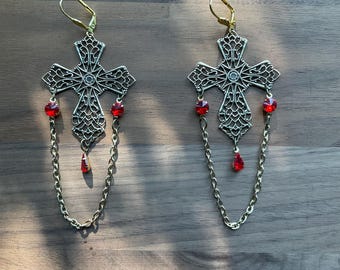 Brass Filigree Cross Earrings | Vintage Gothic Style | Red Crystal Dangle Earrings | Elegant Statement Jewelry