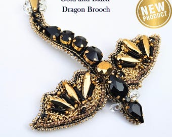 Handmade Black and Gold Dragon Brooch | Crystal Fantasy Jewelry | Beaded Statement Pin | Unique Gift for Dragon Lovers