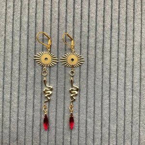Brass serpent earrings | Red crystal earrings | Egyptian jewelry | Egyptian Earrings | Sunburst and Serpent Earrings | Red Crystal Drops