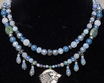 House Stark Direwolf Double Layer Gemstone and Crystal Necklace