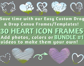 May include: A set of 30 heart-shaped icon frames for Canva. The frames are in various styles, including a heart with butterflies, a heart with a paw print, a heart with a cross, and a heart with a swirl design. The frames are perfect for adding photos, colours, or videos to make them your own.