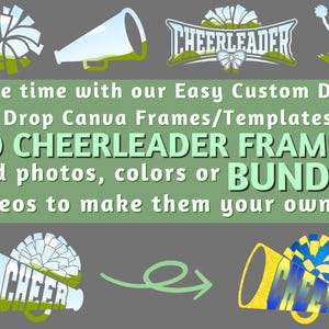 May include: A digital download of 20 customizable cheerleader frames for Canva. The frames feature cheerleading pom-poms, megaphones, and the word "cheerleader".