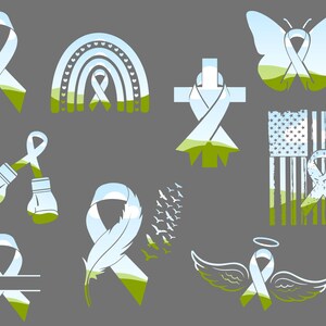 May include: A set of 10 digital cut files featuring a blue and green ribbon with various backgrounds, including a rainbow, a cross, a butterfly, a boxing glove, a feather, an angel wings, and an American flag.