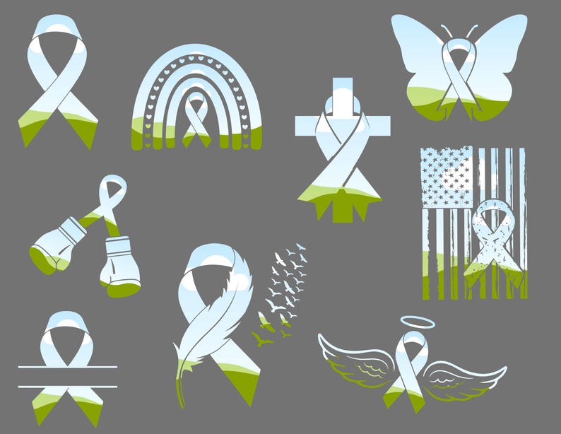 May include: A set of 10 digital cut files featuring a blue and green ribbon with various backgrounds, including a rainbow, a cross, a butterfly, a boxing glove, a feather, an angel wings, and an American flag.