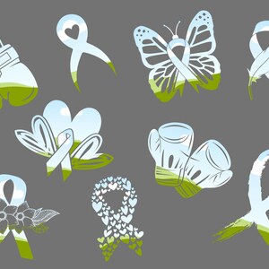 May include: A set of ten digital clipart images featuring different ribbon designs with a green and blue landscape background. The ribbons are in various shapes and sizes, including a butterfly, boxing gloves, and a heart.