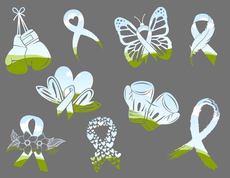 May include: A set of ten digital clipart images featuring different ribbon designs with a green and blue landscape background. The ribbons are in various shapes and sizes, including a butterfly, boxing gloves, and a heart.